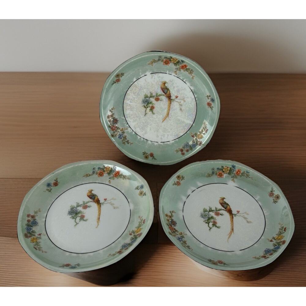 MZ Altrohlau CMR Czechoslovakia Golden Pheasant Small Plate Green VTG Set Of 3